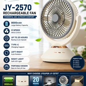 JYSUPER JY-2570 Rechargeable Portable Table Fan With LED Light & Auto Rotation